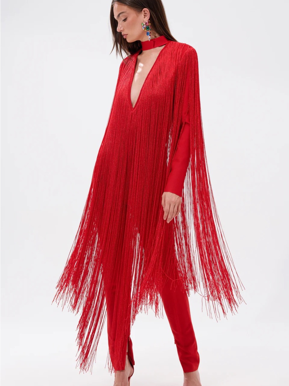 AKIRA Red Fringe Jumpsuit with Deep V Neck - Picture 1 of 6